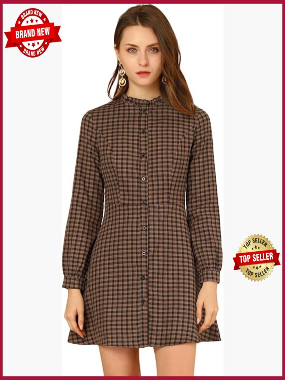 Vintage Check Ruffle Neck Button Down Long Sleeve A-Line Mini Dress